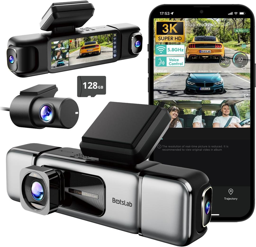 BOTSLAB 3K 4 Channel Dash Cam, 560 All-Sides View, Front and Rear Inside Car Camera with 3.18Touch Screen, Dash Camera 24/7 Parking Mode, Built-in GPS 5.8GHz WiFi Voice Control, Free 128GB Card