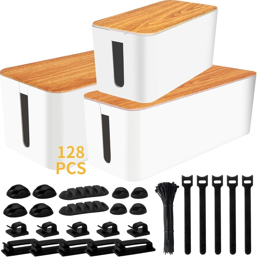 YUANYE Cable Management Box Cable Management Kit for Power Strip to Hide Wires,Cord Organizer Boxes,Safe ABS Material Wire Organizer of Cable Clips Sleeve for Home & Office,3Pack-128PCS/White