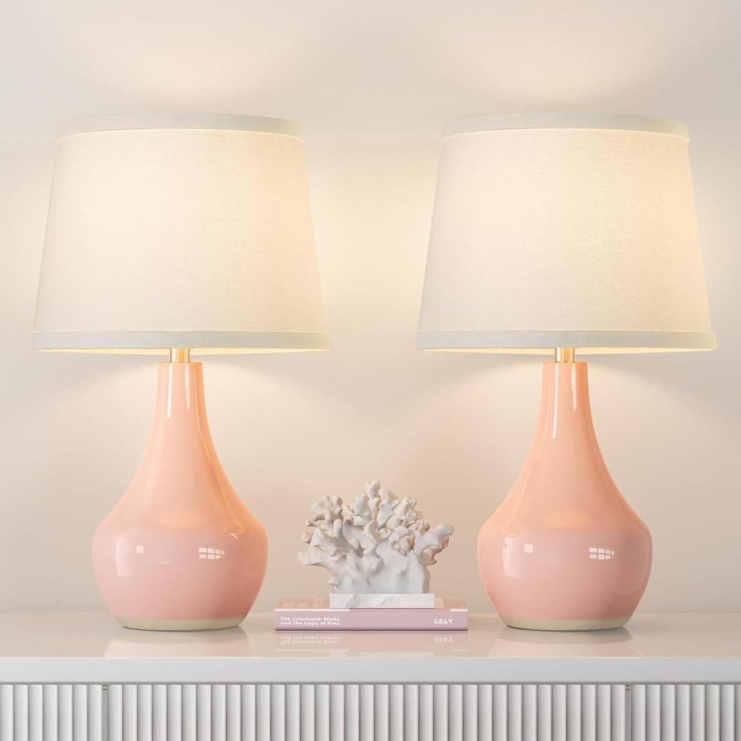 Seealle Modern Pink Table Lamps Set of 2 - Bedroom Lamps for Nightstand,19.4" Bedside Pink Lamp for Girls Room Living Room with Rocker Swtich