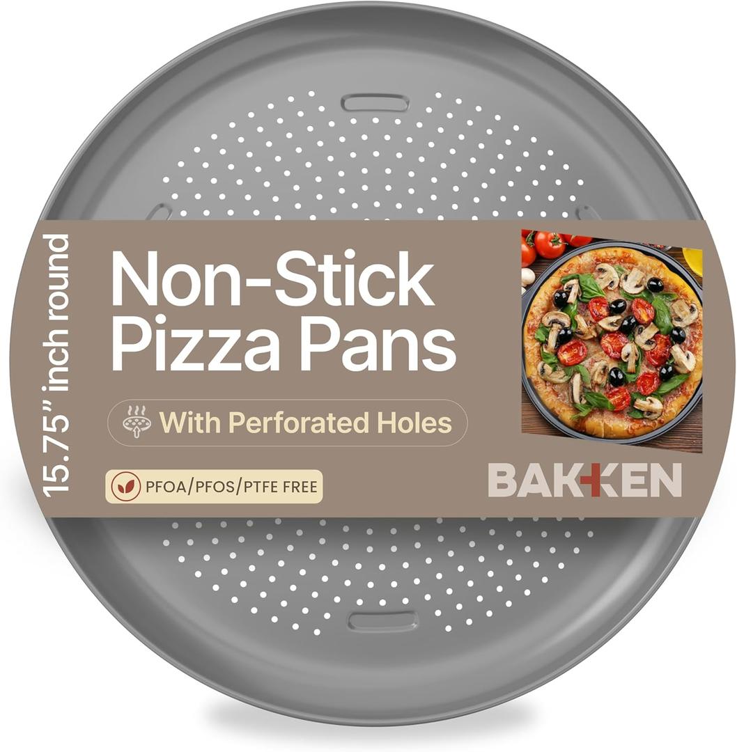 Bakken 16 Inch Non-Stick Pizza Pan 1 Pack, Round Carbon Steel Pizza Tray with Perforated Holes, PFOA, PFOS, & PTFE-Free, Dishwasher & Oven Safe Up To 450F, Durable Nonstick Coating, Silver