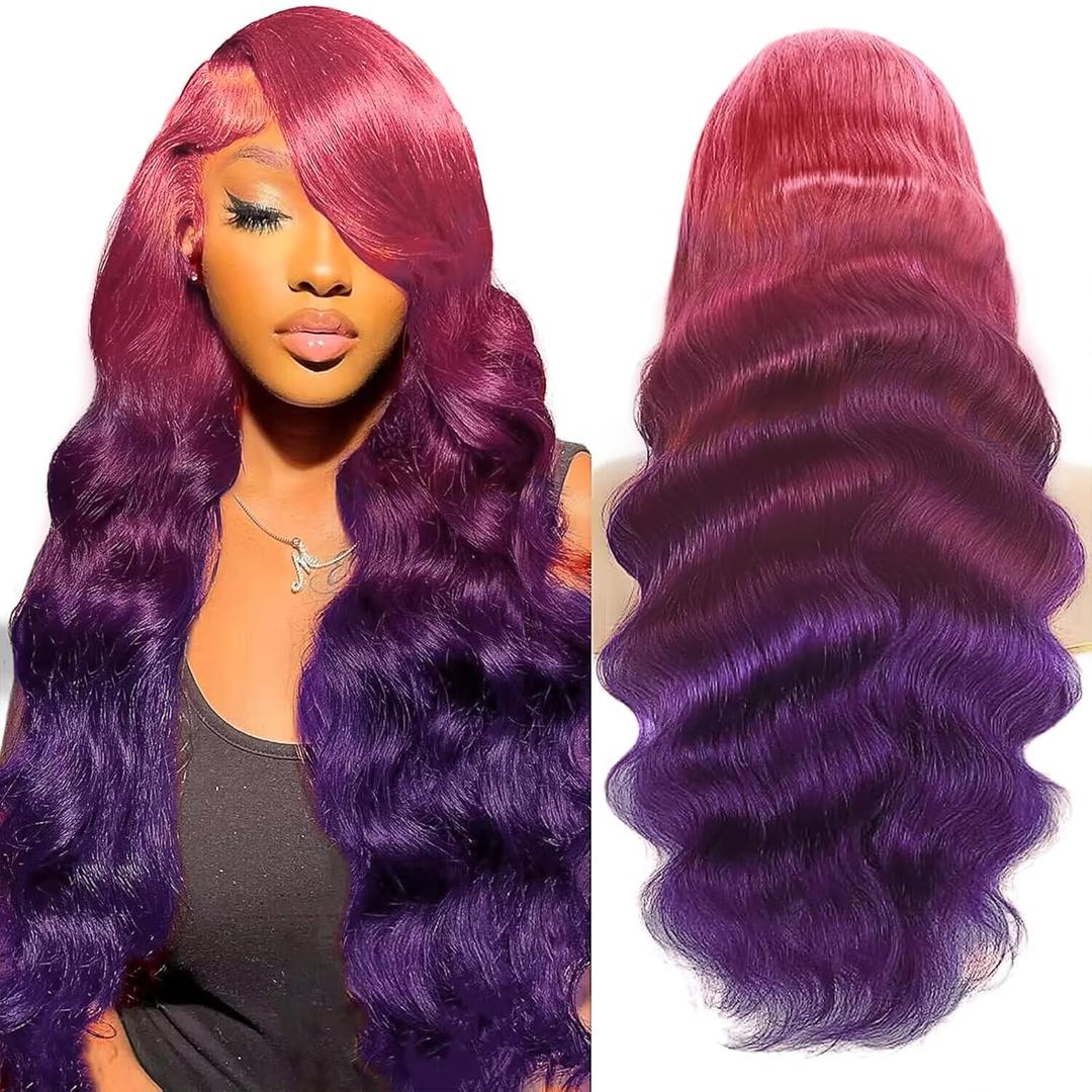 Purple Ombre 13x4 HD Lace Front Wig Human Hair Body Wave 3 Tone Pink to Purple Glueless Wigs Dark Pink Root Rainbow Colored Lace Frontal Wig 180% Density 26 Inch