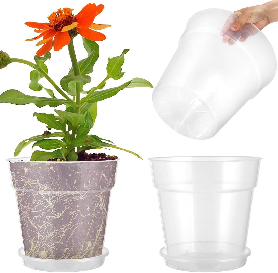 3 Pcs Clear Nursery Pots Set with Saucers, 11.8 in Plastic Orchid Pots, Large Plant Pot with Drainage Holes, 3.7 Gallon Capacity for Orchids and House Plants