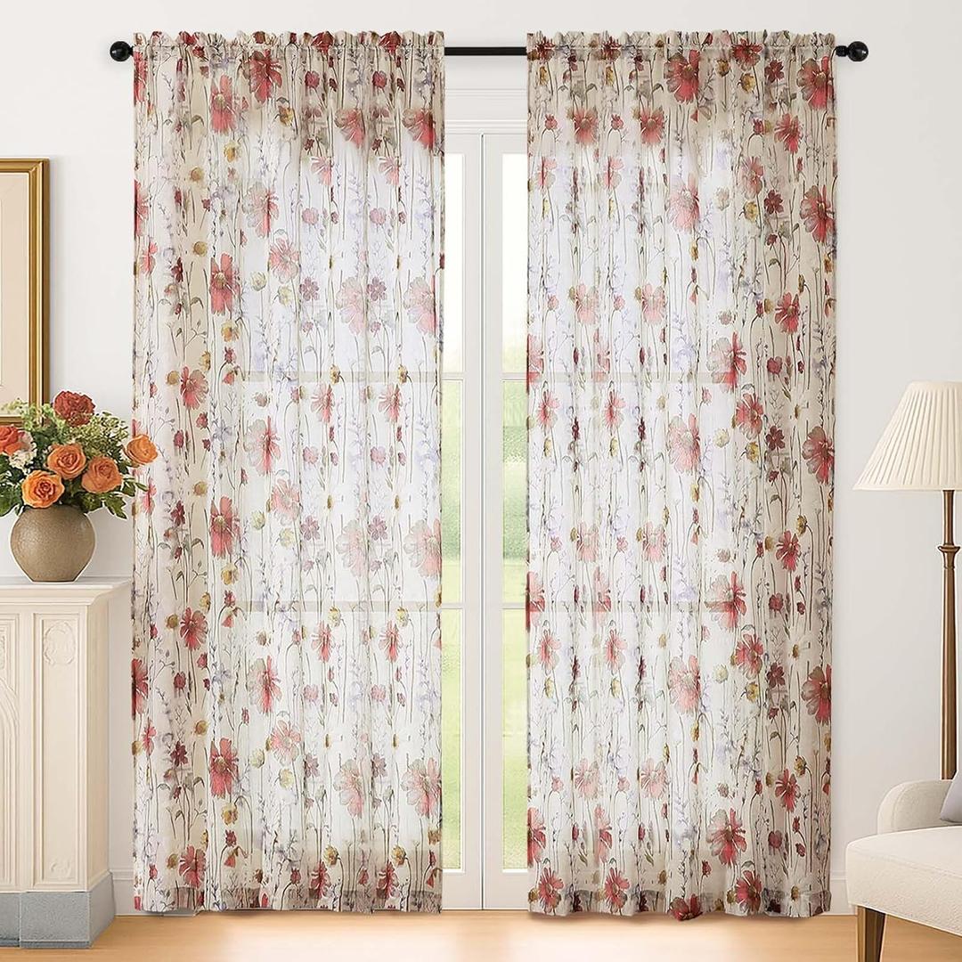 Lecloud Crushed Sheer Curtains 84 Inches Long 2 Panels, Light Filtering Printed Floral Curtains for Living Room with Rod Pocket, Elegant Rustic Window Curtain for Bedroom Dining Room, 51" W x 84" L