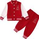 MODNTOGA Toddler Girl Boy Contrasting Baseball Suit Set Letter A Print Jacket Sweatpants Activewear Fall Winter Outfit 2PCS (5-6 Years, Red)