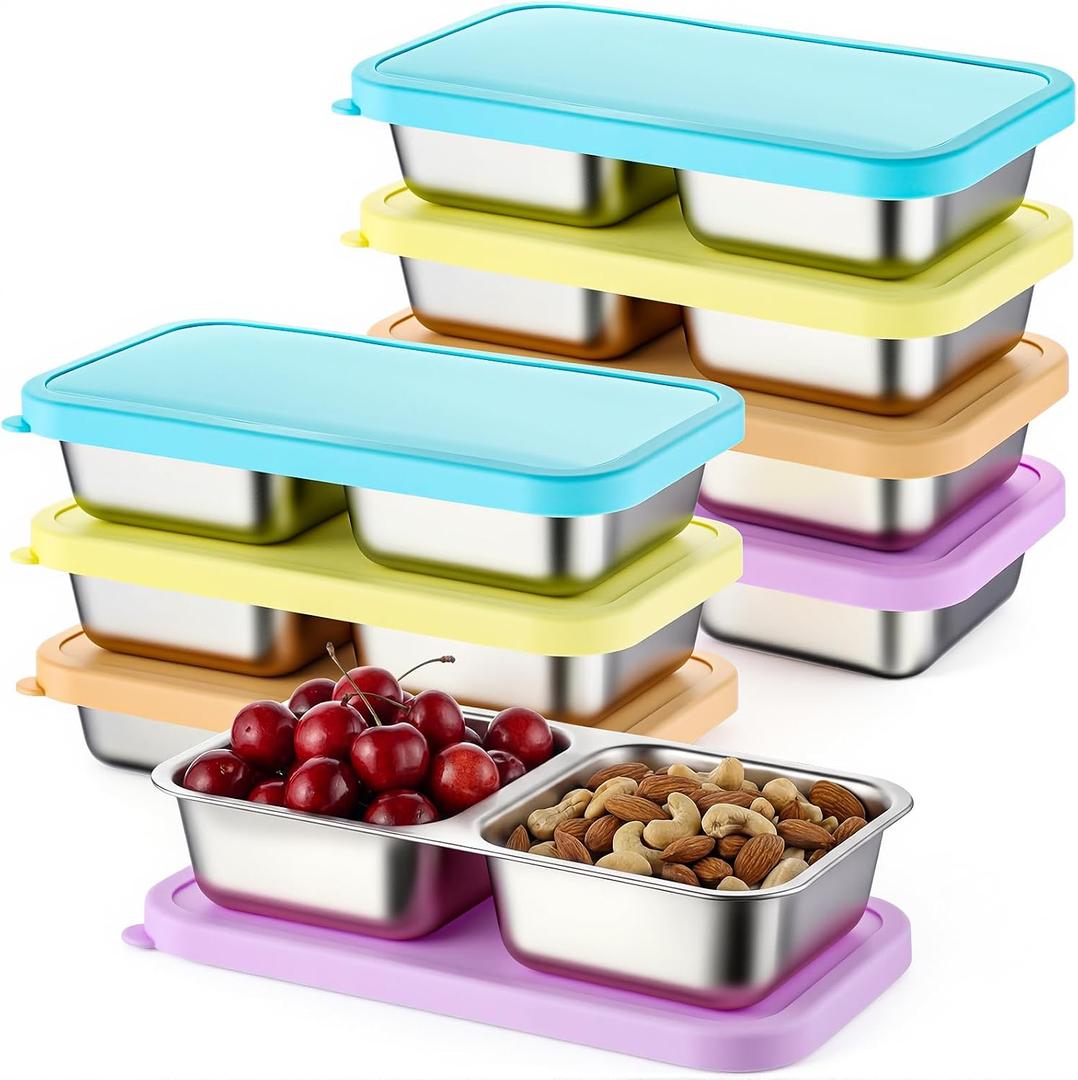 FoldTier 8 Pack 2-Compartment Stainless Steel Snack Containers Include 8 Silicone Lids and 8 Box Bodies Reusable Stackable Box for Adult Work, Travel & Camping 7.9 x 4.1 x 1.6 Inch (Macaron)