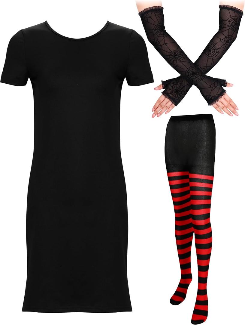 Toulite Halloween Women's Vampire Costume Include Black Dress, Red Striped Leggings and Arm Gloves for Cosplay Party