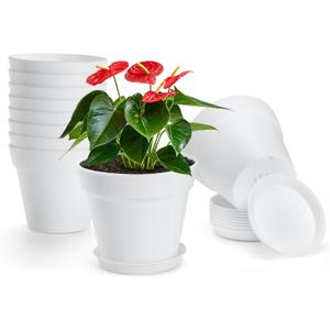 10 Pack Plastic Plant Pots with Drainage Holes and Tray, 5 inch Thickened Indoor Planters Seedlings Nursery Pots for Flowers, African Violet, Succulent and All House Plants, White