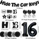 Black 16th Birthday Party Decorations - Hide The Car Keys 16 Years Old Decoration Banner with Door Banner Hanging Swirls Balloons Cake Topper, Sweet Happy 16th Birthday Party Supplies for Boys Girls
