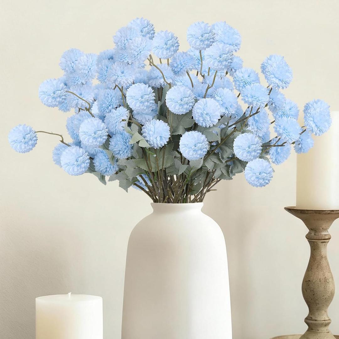 INQCMY Artificial Flowers 12pcs Ball Chrysanthemums for Weddings Silk with Stemsdiy Champagne Bouquets Indoor and Outdoor Decoration Kitchen Table Decor (Blue)