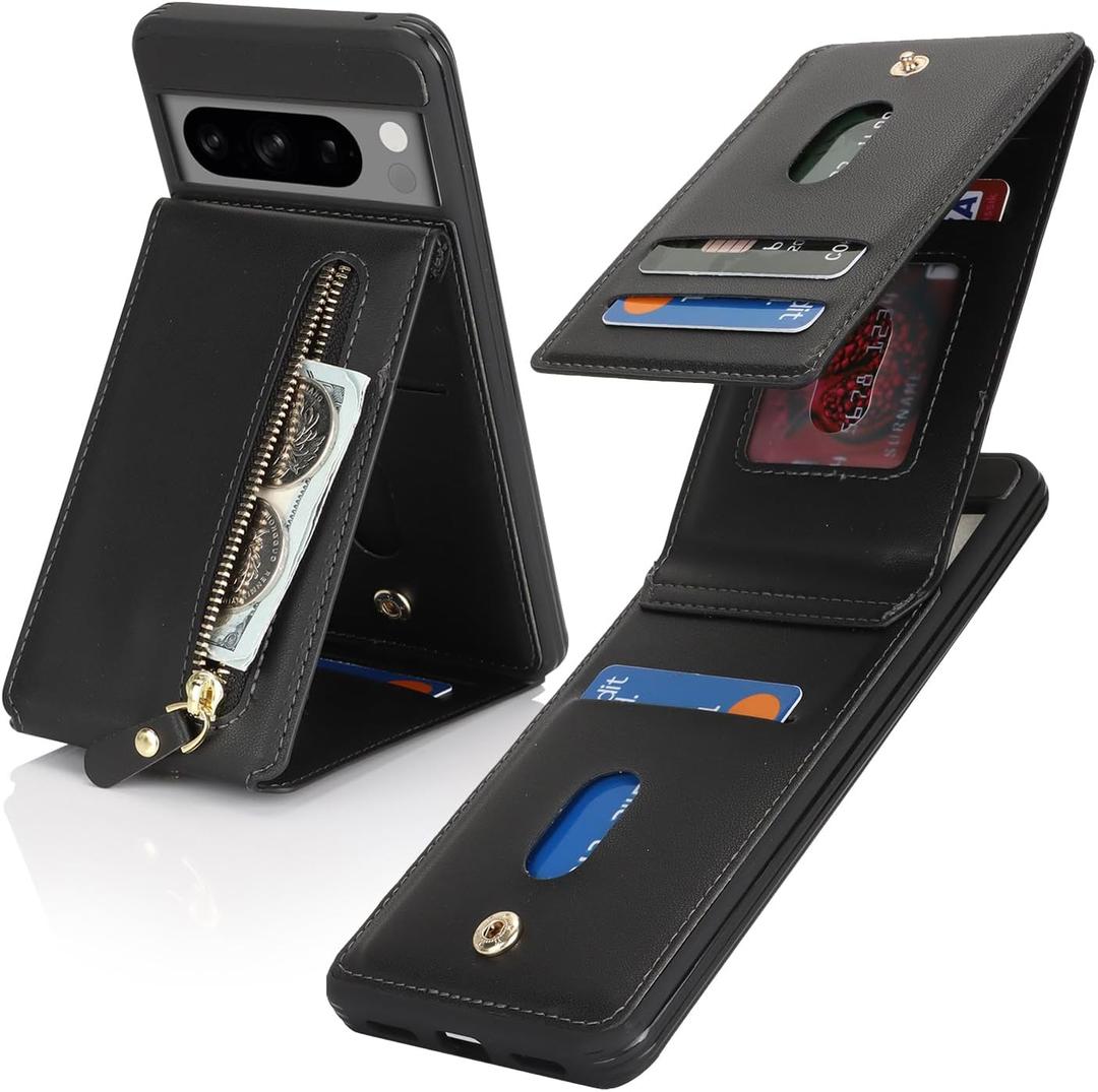 for Google Pixel 8 Pro Case with Card Holder for Women, for Google Pixel 8 Pro Phone Case Wallet with Credit Card with Ring Kickstand Zipper Shockproof Slim Stand Case - Black