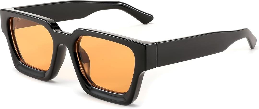 FEISEDY Retro 90s Square Sunglasses for Women Men Trendy Chunky Rectangle Sunglasses UV400 Protection B2385 (013 Black | Yellow Lens)