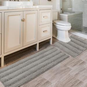 H.VERSAILTEX Bathroom Rugs Bath Rug Set 2 Piece Bathroom Contour Rug Toilet Mat Sets Non Slip Contour Bath Rug Ultra Thick Water Absorbent Striped Bath Mats Washable(47" x 17" Plus 20" x 20" U, Dove)