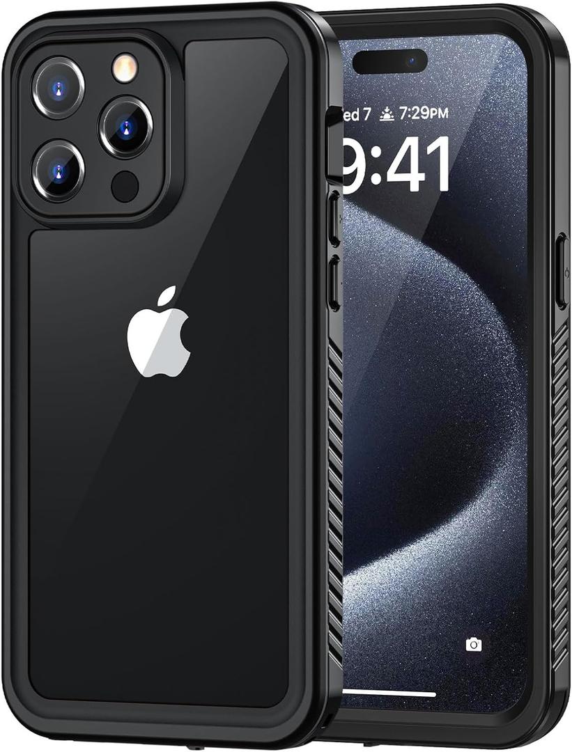 Lanhiem for iPhone 15 Pro Case, IP68 Waterproof Dustproof Shockproof Case with Built-in Screen Protector, Full Body Protective Heavy Duty Phone Case for iPhone 15 Pro - 6.1 inch (Black/Clear)