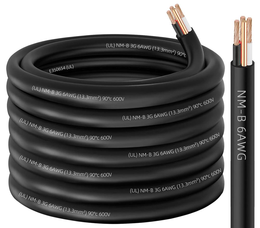 NM-B 6/3 Wire with Ground,50ft 6/3 NM-B W/G Wire 6 AWG Nonmetallic Sheathed NM-B Cable,Copper 6 Gauge 3 Conductor Residential Indoor Electrical Wiring for Branch Circuit Switches,Outlets,Other Loads