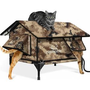 Indestructible Gable Roof Heated Cat House for Outside Winter, 100% Waterproof, Safe Escape Door, Insulated Outdoor Cat Shelter with Heater for Feral Barn Cat Kitty (Desert Camouflage, 24.5"x16"x19")