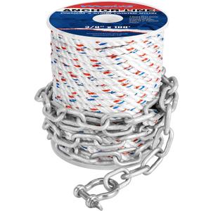 MARINE SYSTEM Anchor Line 3/8 Inch 50 FT 100 FT 150 FT Nylon 3 Strand Anchor Rope with 1/4inch x 6.6ft Galvanized Anchor Chain (3/8 Inch x 100 Ft)