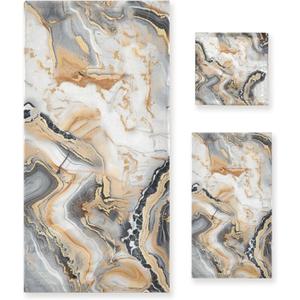 Alaza White Grey Marble Towel Bathroom Set, 3-Piece Towel Set, 1 Bath Towel, 1 Hand Towel, 1 Washcloth,Soft Absorbent Towel for Home Kitchen Gym Beach