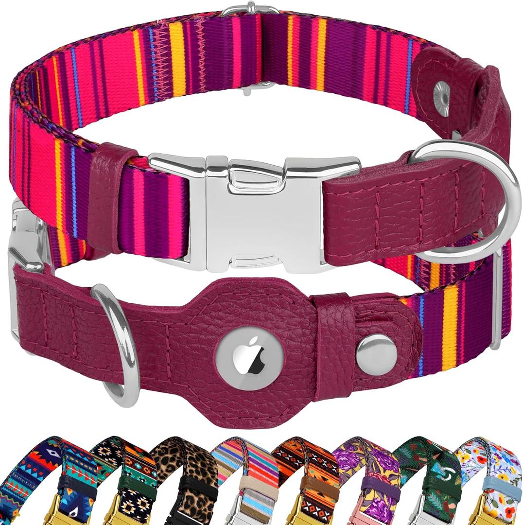 AirTag Dog Collar for Small Medium Large Breed - Adjustable Cute Pattern Dog Collar with Airtag Holder - Soft Leather Tracker GPS Apple Air Tag Pet Collars (Medium, 14"-18" Neck Fit, Striped)
