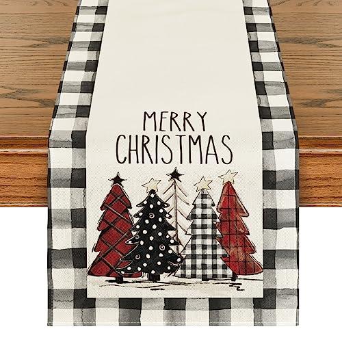 Artoid Mode Waterclor Buffalo Plaid Christmas Trees Merry Xmas Table Runner, Seasonal Winter Holiday Kitchen Dining Table Decoration for Indoor Outdoor Home Party Decor 13 x 90 Inch