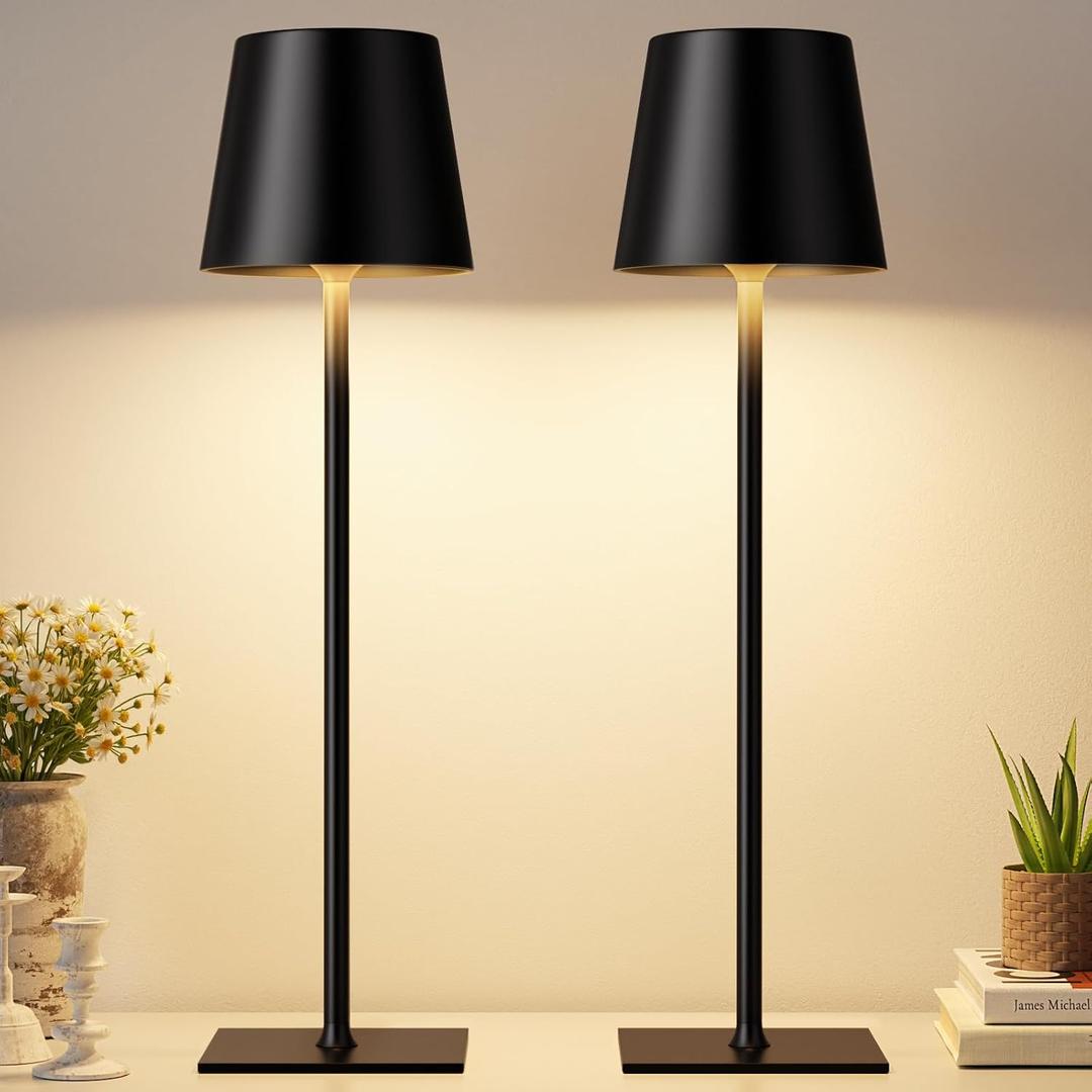 Black Cordless Rechargeable Table Lamp, 2 Pack Portable Desk Lamp with 5000mAh Battery, Touch Control Stepless Dimming, Wireless Night Light for Dining, Outdoor Camping, Coffee Shop, Waterproof Design