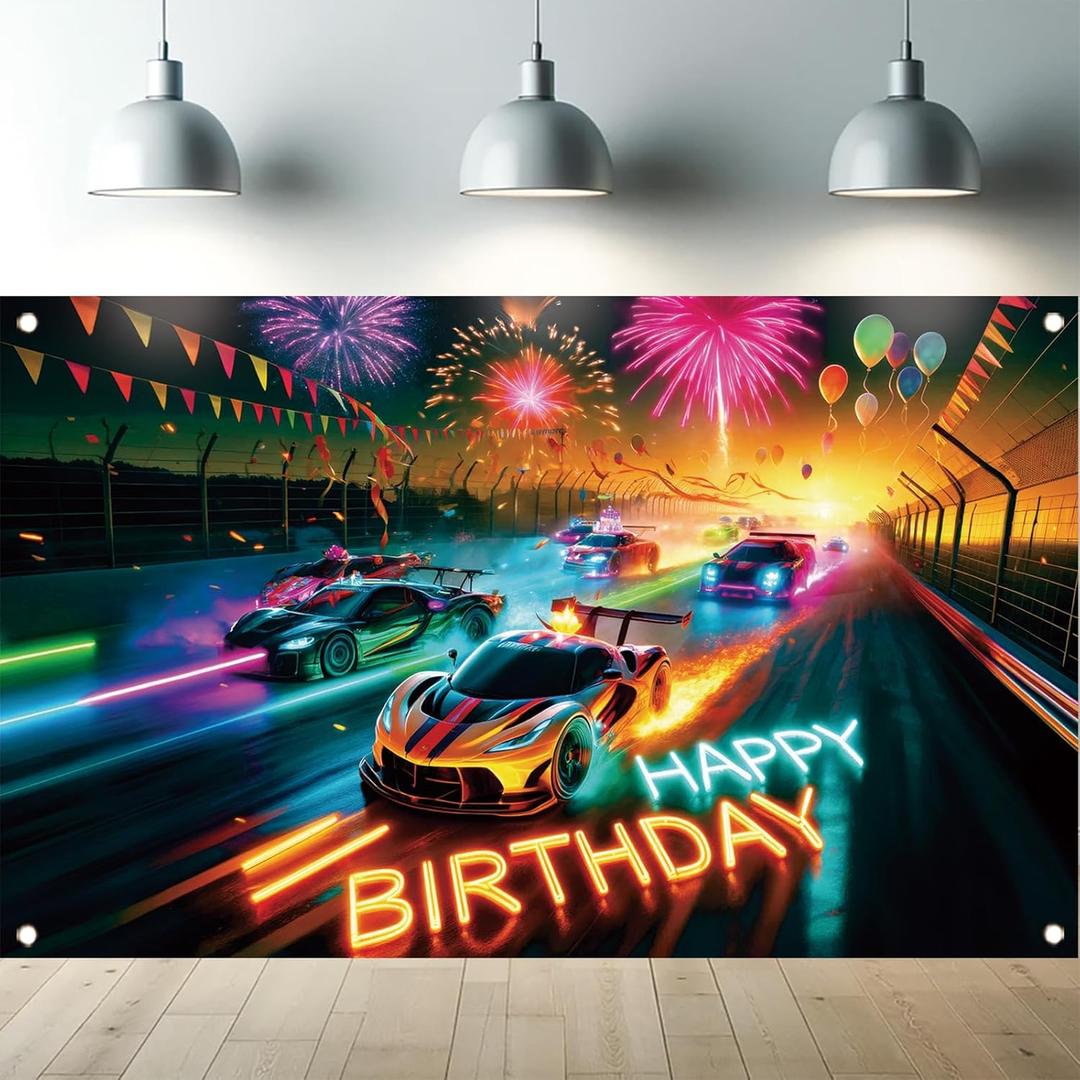Race Car Racing Happy Birthday Backdrop Banner Neon Cars Photography Background Racing Party Decorations Photo Booth Supplies 71x43 Inch
