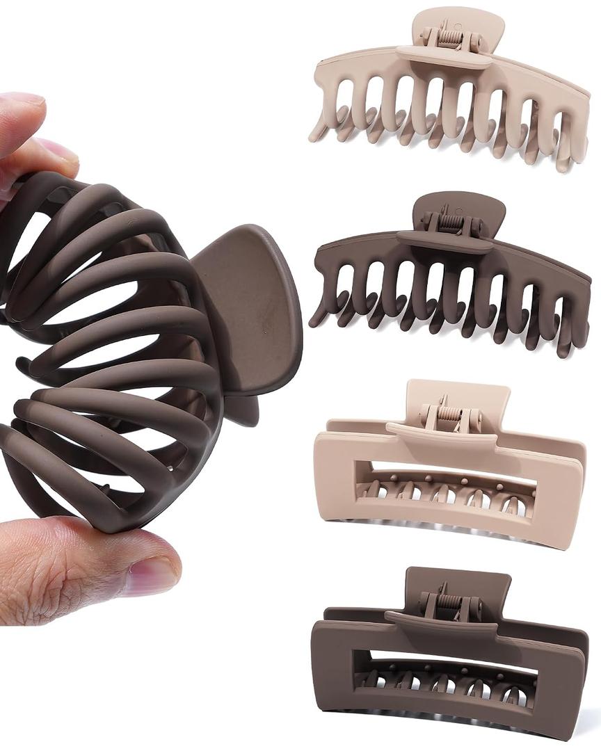 Mesovor 4 Pack Silicone Flexible Hair Claw Clips, Nonslip Large Bendable Claw Clip | Soft Hair Grip Hairclips for Thin and Thick (Matte Coffee, Matte Light Khaki)
