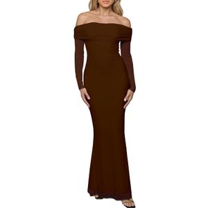 BORIFLORS Women's Elegant Off The Shoulder Bodycon Long Sleeve Maxi Dress Mesh Cocktail Party Wedding Guest Formal Dresses (Large)