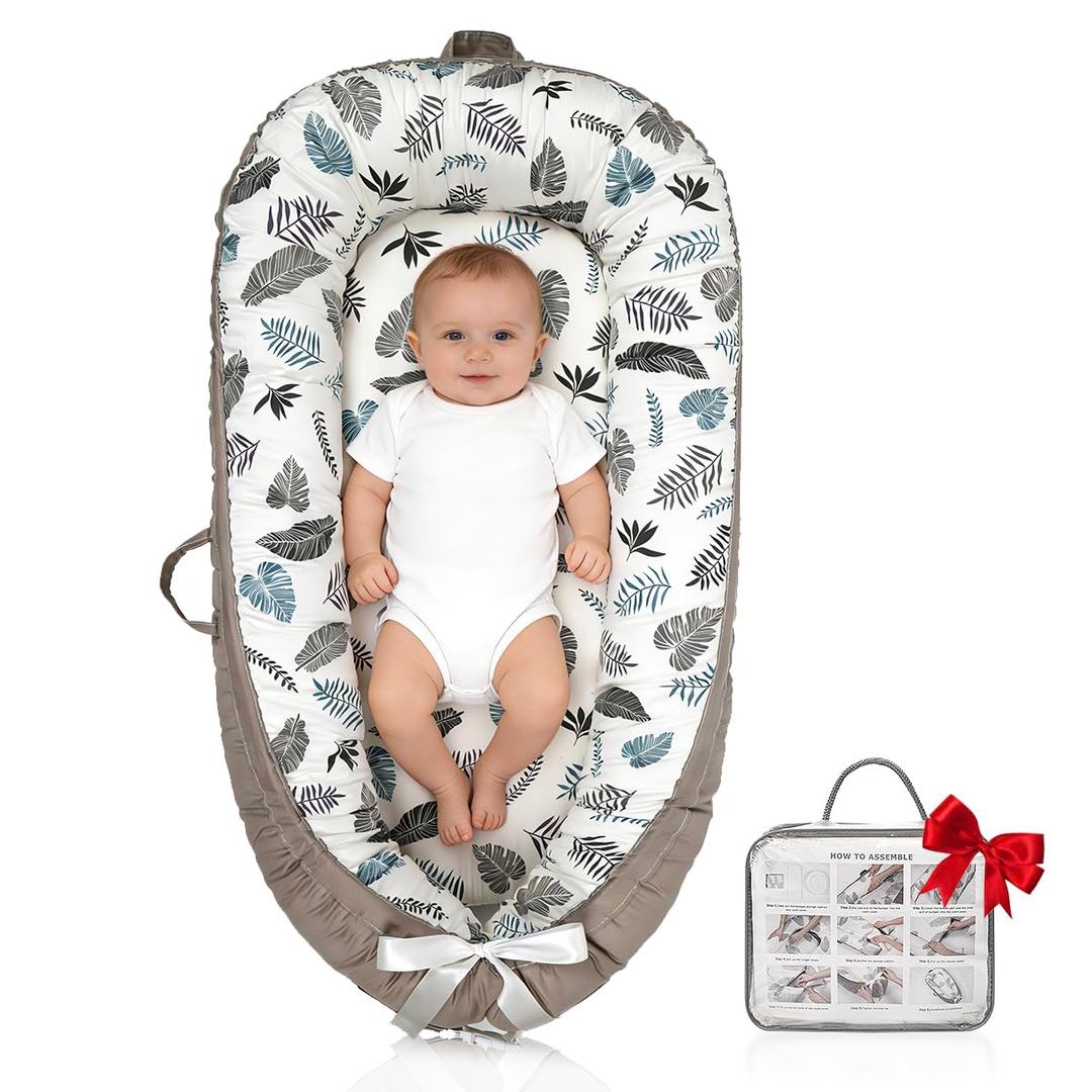 Infant Support Cushion | Baby Support Cushion for Newborn | Reversible, Adjustable & Portable Tummy Time Mat for Home and Travel | Soft, Breathable, Washable Cover | Grey Leaves