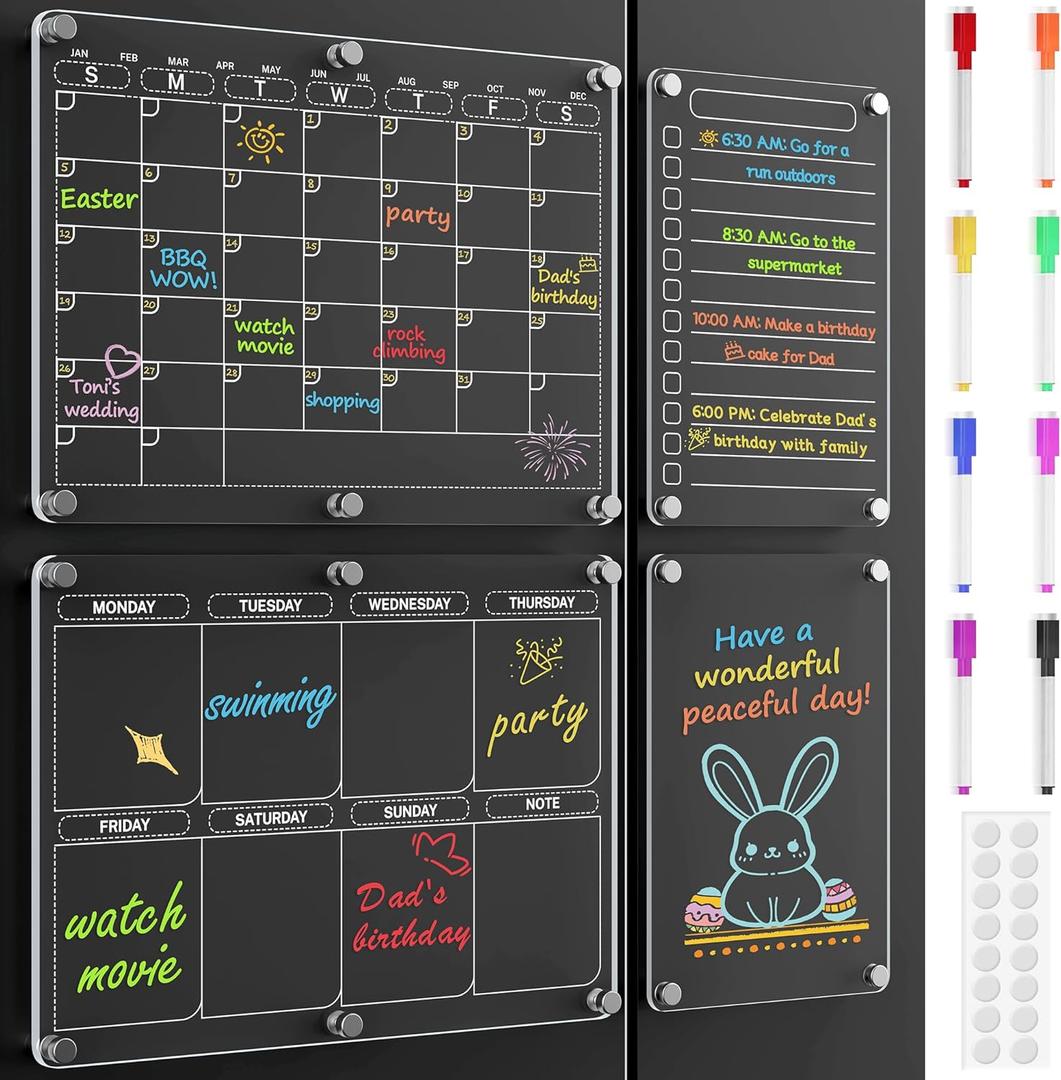 4 Pack Magnetic Calendar for Refrigerator, Clear Acrylic Calendar for Fridge with 8 Colorful Markers, Fridge Calendar Magnet Easy Erase for Home Kitchen, Office Organization