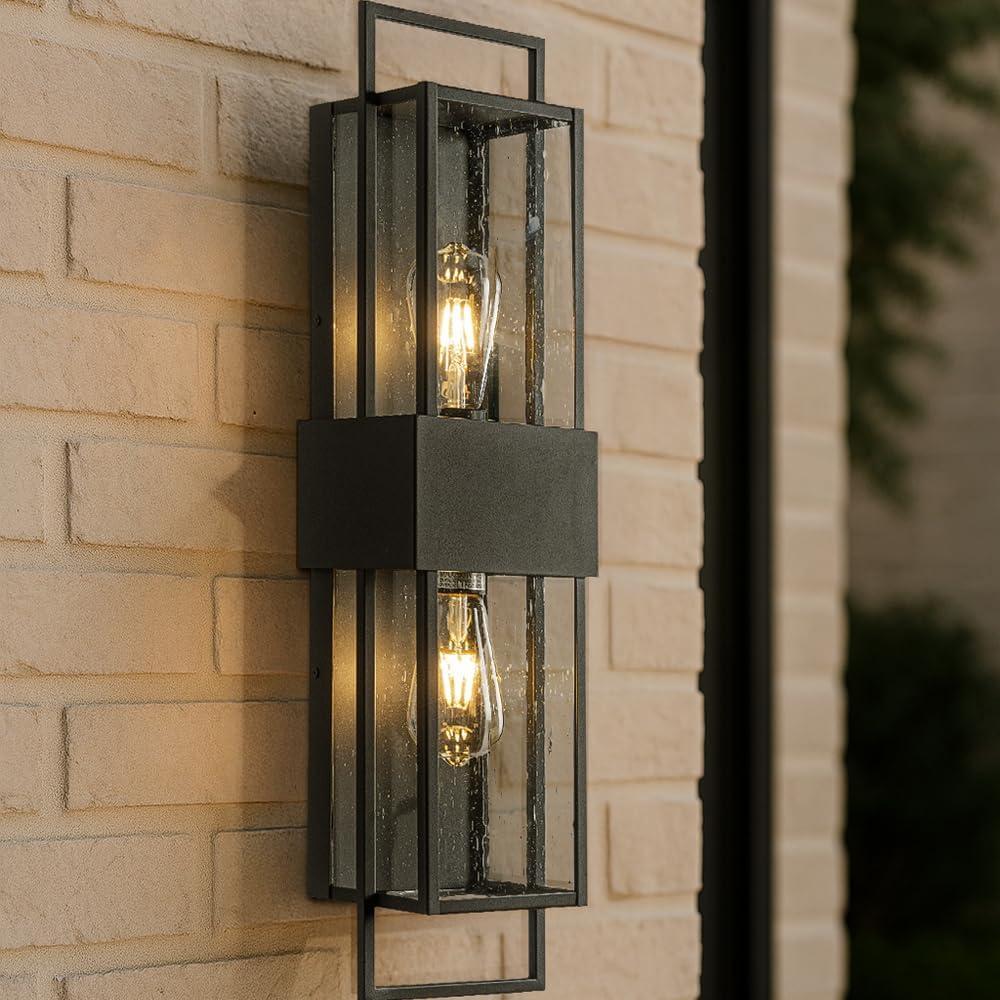 H26 inch 2-Light Large Outdoor Wall Sconce with Dusk to Dawn Sensor Waterproof Matte Black Exterior Wall Light wiht Clear Glass for Porch Garage Entryway House