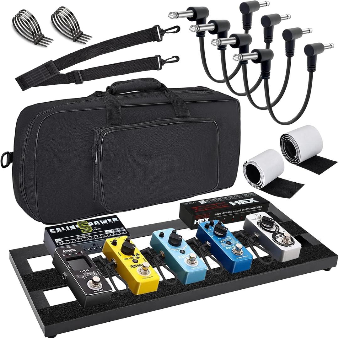Medium Guitar Pedal Board, 20x8x1.2", Aluminum Alloy Black Effects Pedal Board with 4 Pcs 6 Inch Guitar Pedal Cable, Carrying Bag, Adhesive Hookside Tape