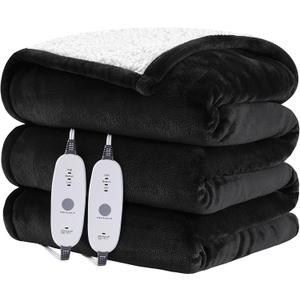 HYLEORY Heated Throw Blanket Flannel Electric Blanket Throw with 4 hrs Timer Auto-Off & 3 Heating Levels Sherpa Heated Blankets with Overheating Protection, 84"x90", Black