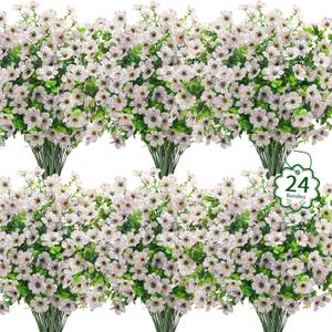 Ouddy Decor 24 Bundles Artificial Flowers for Outdoors Fake Silk Flowers UV Resistant Faux Plastic Plants for Spring Summer Garden Porch Window Box Table Vase Home Indoor Outdoor Decoration, White