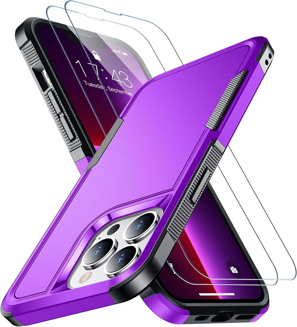 SPIDERCASE Designed for iPhone 13 Pro Case, [10 FT Military Grade Drop Protection] [with 2 pcs Tempered Glass Screen Protector] Cover for iPhone 13 Pro 6.1 inch (Dark Purple)