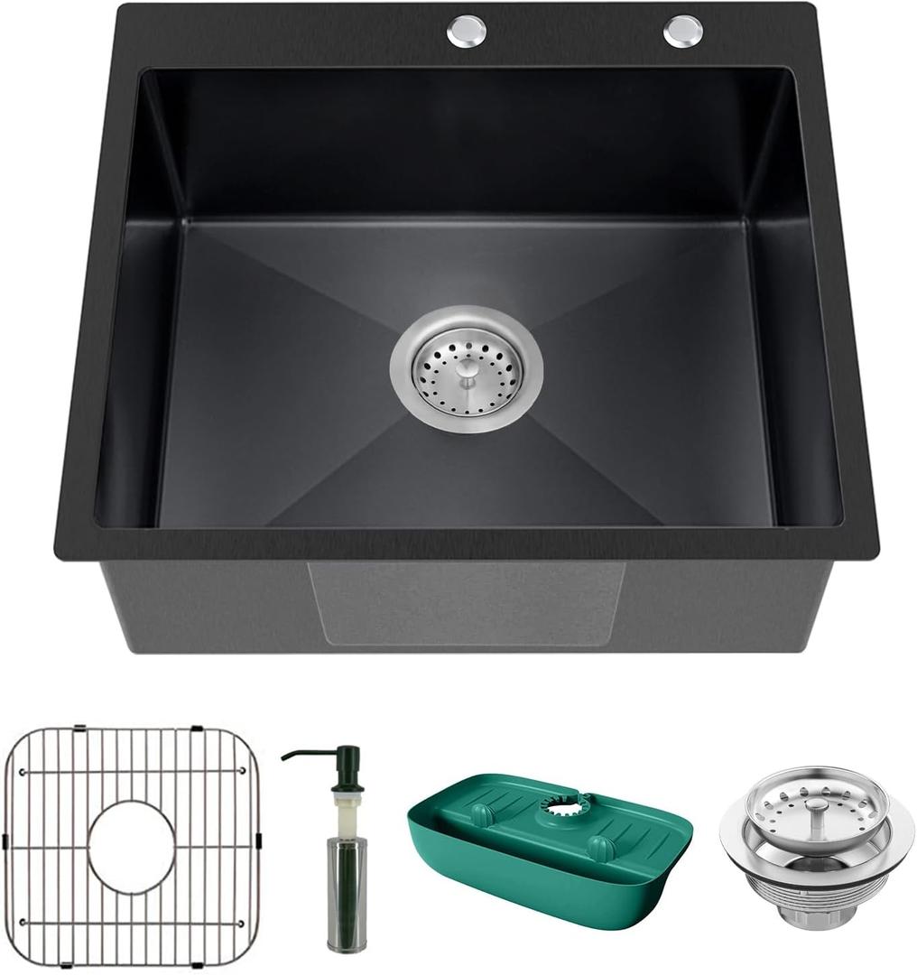 Black Kitchen Sink, Stainless Steel Topmount 25x22x9 Inch Single Bowl Drop In Kitchen Sink Combo- Stainless Grid,Soap Dispenser,Faucet Mat,Drain Strainer Set for Modern Style Kitchen&Bar, 23"W x 18"L x 9"D