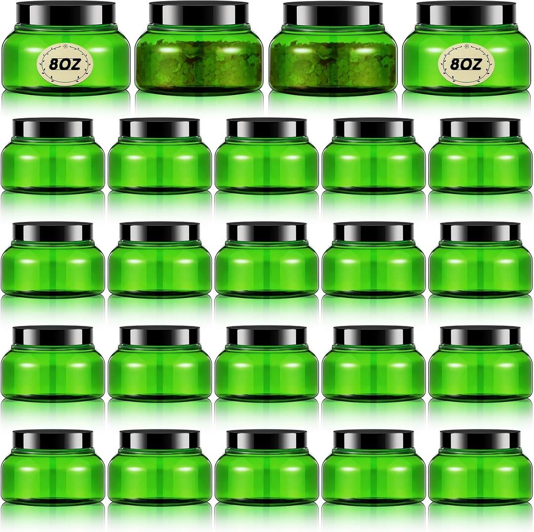 Tessco 24 Pack Plastic Jars with Lids Labels Empty Clear Plastic Jars Round Refillable Cosmetic Containers Body Butter Containers Bulk Sugar Scrub Bottle for Make Up(8 oz,Green, Black)