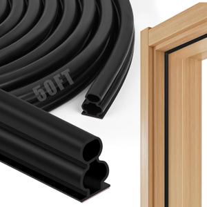 50 Feet Rubber Weather Stripping Door Seal, Extra Thick D-Shape Self Adhesive Door Seal Large Gap Door Weather Strip for Window Door Frame Insulation Soundproofing Blocks Cold Drafts Noise - Black