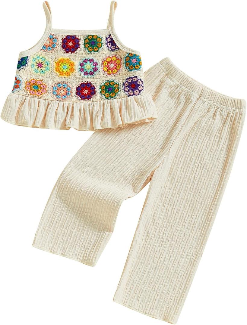 Baby Girl Outfits Crocheted Ruffled Camisole And Elastic Pants Set 
Beige, 18-24 Months