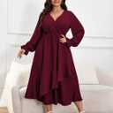 Womens Plus Size Wedding Guest Cocktail Maxi Dress Faux Wrap V Neck Long Sleeve Ruffle Hem Split Long Dress (XL)