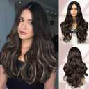 QUEENTAS 26" Long Brown Wigs for Women Glueless Natural Looking Synthetic Hair Wavy Wig(Dark Brown Highlight Blonde)
