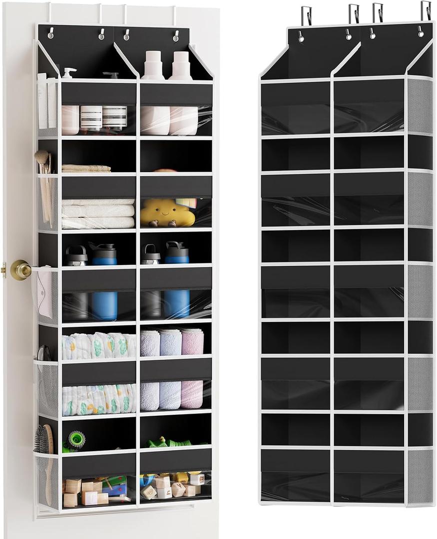SpaceAid Extra Large Over The Door Organizer with 10 Large Pockets and 10 Mesh Side Pockets, 5 Layers Door Organizer Hanging with Clear Window for Bedroom, Bathroom, Pantry and Nursery, Black