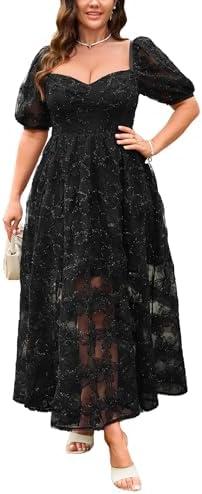 EYWOL Women's 2025 Cocktail Formal Guest Dresse 3D Lace Sweetheart Neckline Puff Sleeve A Line Maxi Dresses Size 2XL