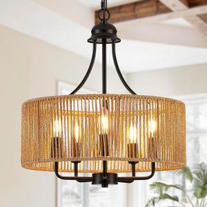 17.8" Black Rattan Chandelier, 5-Light Wicker Drum Light Fixture, Medium