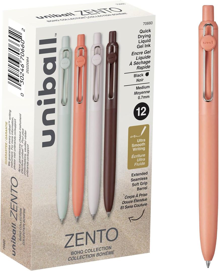 uniball Zento Liquid Gel Ink Retractable Pens, Medium Point (0.7mm), Boho Barrels, Black Ink, Dozen