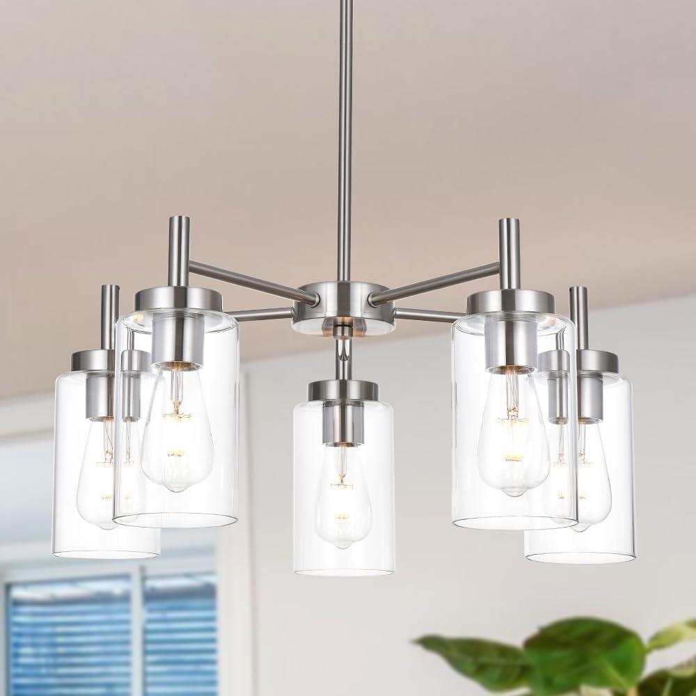 Contemporary 5 Light Large Chandeliers Modern Clear Glass Shades Pendant Lighting Brushed Polished Nickel Dining Room Lighting Fixtures Hanging Adjustable Wire Semi Flush Ceiling Lights