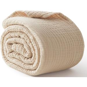 100% Cotton King Size Blankets for Bed 108" x 90", 6 Layers Cooling and Soft Muslin Throw Blanket, Lightweight Quilt Bedspread Coverlet, Gauze Blanket for Adults All Season, Linen Beige (King(108" x 90"), 01 - Beige)