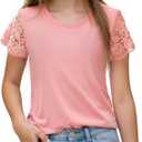 Noomelfish Girls Lace Short Sleeve T-Shirts Kids Summer Cute Tops Blouse(5-12 Years) (Pink, M)