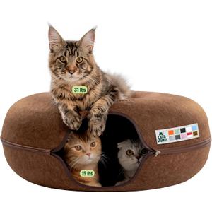 Cattasaurus Peekaboo Cat Cave Donut for Multiple & Large Cats up to 30-45 lbs, 3-in-1 Self Warming Cat Bed, Tunnel & Scratcher for Indoor Cats, Washable & Detachable Small Dog Bed (Brown, Jumbo)