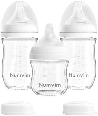 Numvim Natural Glass Baby Bottles with Gentle & Extra Slow Flow Nipples, Newborn Breastfeeding Bottle, Anti-Colic, Includes 1pcs SS Nipples(0 Month+) 2pcs S Nipples(1m+),3 Packs (White 3 Oz + 5 Ounce)