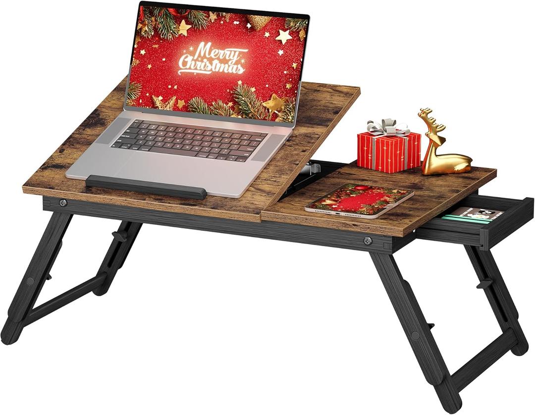 SONGMICS Laptop Desk for Bed or Sofa with Adjustable Tilting Top, Breakfast Serving Tray with Height Adjustable Folding Legs, Fits Screen Size up to 15.6 Inches, Floor Desk, Rustic Brown ULLD105B01